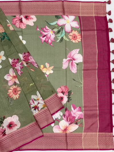 Sage Green Floral Printed Kota Doria Saree