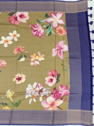 Mustard Floral Printed Kota Doria Saree