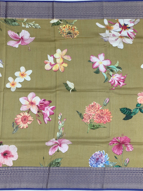 Mustard Floral Printed Kota Doria Saree