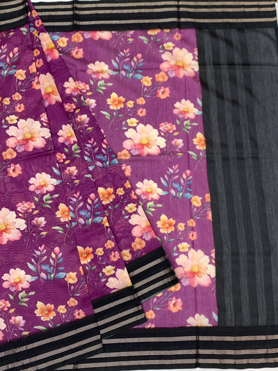 Royal Purple Floral Cotton Saree with Charcoal Zari Border