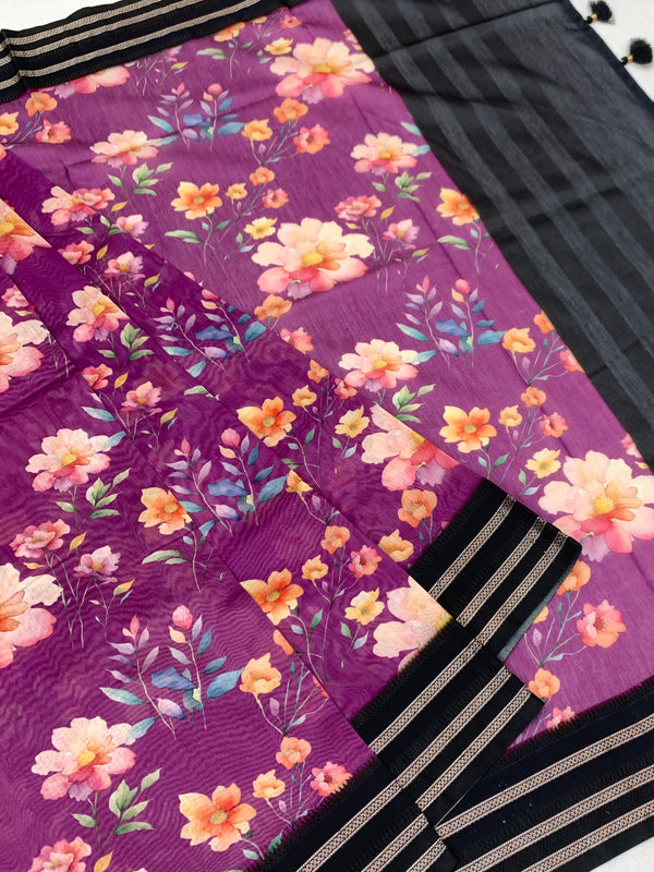 Royal Purple Floral Cotton Saree with Charcoal Zari Border