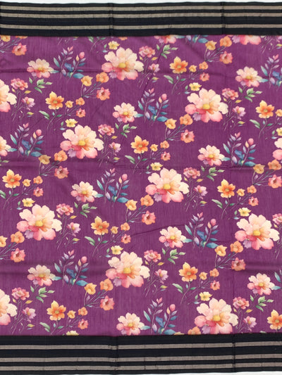 Royal Purple Floral Cotton Saree with Charcoal Zari Border