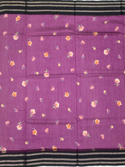 Royal Purple Floral Cotton Saree with Charcoal Zari Border