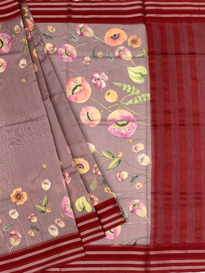 Dusty Mauve & Maroon "Botanical Sketch" Cotton Saree