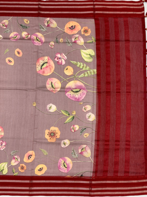 Dusty Mauve & Maroon "Botanical Sketch" Cotton Saree