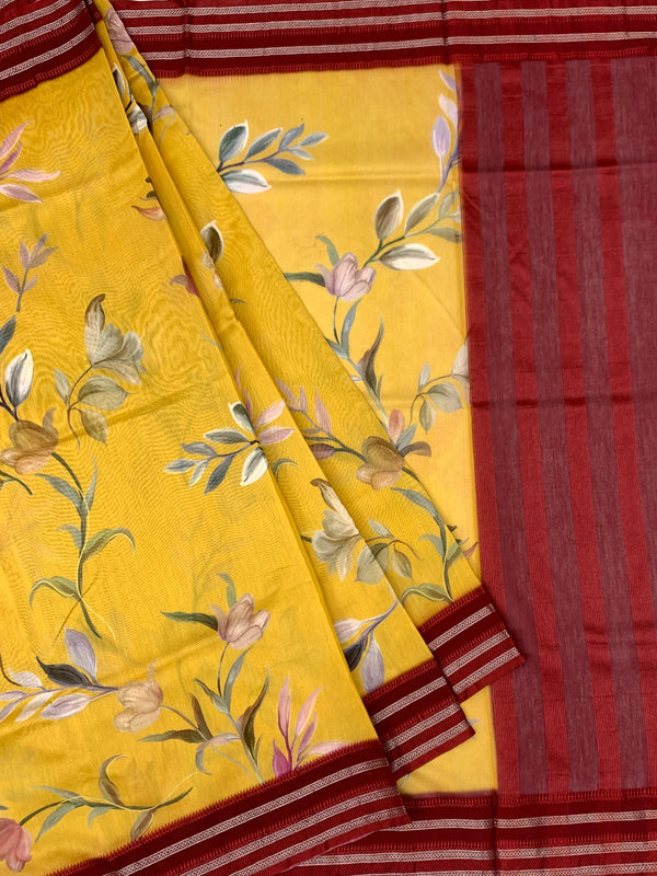 Sun-Kissed Petals: Mustard Yellow Floral Cotton Saree with Maroon Zari Border