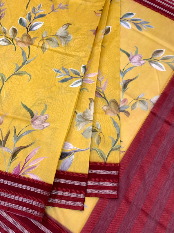 Sun-Kissed Petals: Mustard Yellow Floral Cotton Saree with Maroon Zari Border