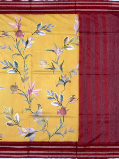 Sun-Kissed Petals: Mustard Yellow Floral Cotton Saree with Maroon Zari Border