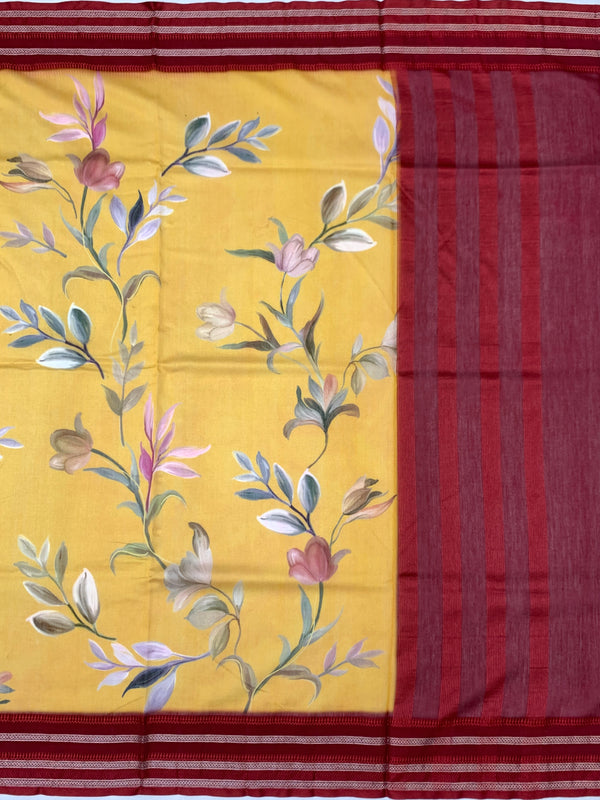Sun-Kissed Petals: Mustard Yellow Floral Cotton Saree with Maroon Zari Border