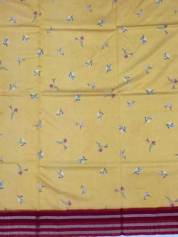 Sun-Kissed Petals: Mustard Yellow Floral Cotton Saree with Maroon Zari Border