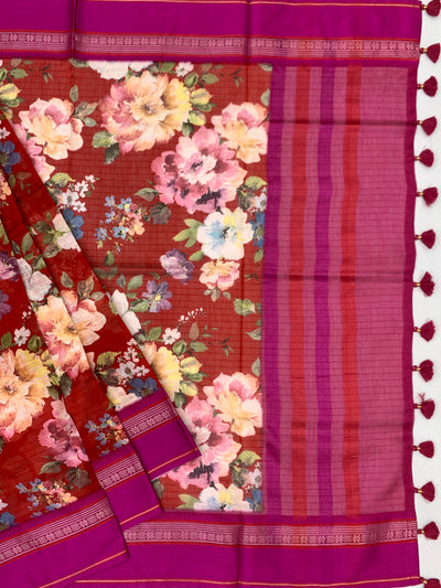 Blooming Red & Magenta: Floral Cotton Saree