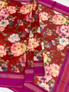 Blooming Red & Magenta: Floral Cotton Saree