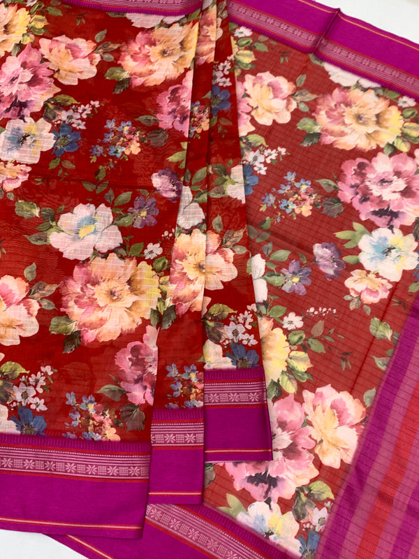 Blooming Red & Magenta: Floral Cotton Saree