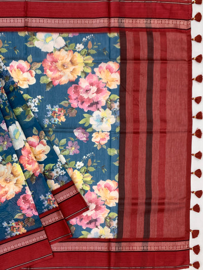 Floral Cotton Saree in Teal & Maroon