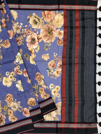 Blue & Black: Floral Cotton Saree