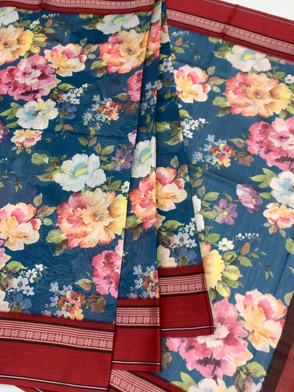 Floral Cotton Saree in Teal & Maroon