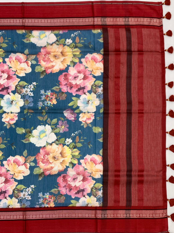 Floral Cotton Saree in Teal & Maroon