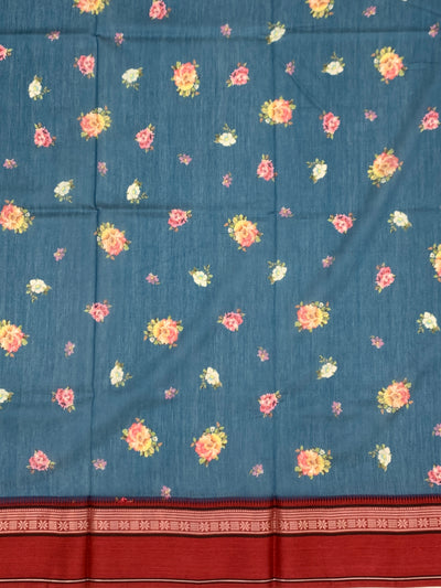 Floral Cotton Saree in Teal & Maroon