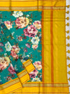 Teal Garden Floral Printed Cotton Saree with Sunshine Yellow Border
