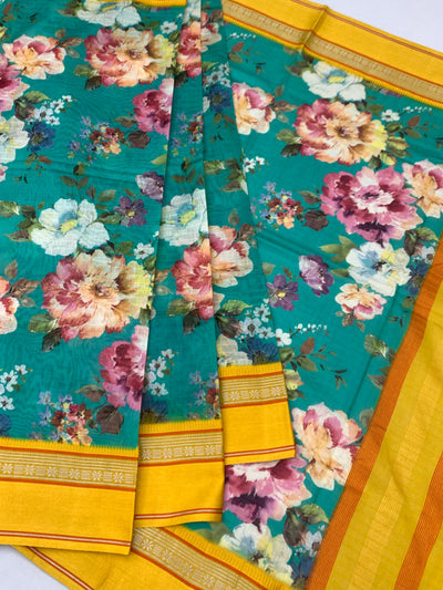 Teal Garden Floral Printed Cotton Saree with Sunshine Yellow Border