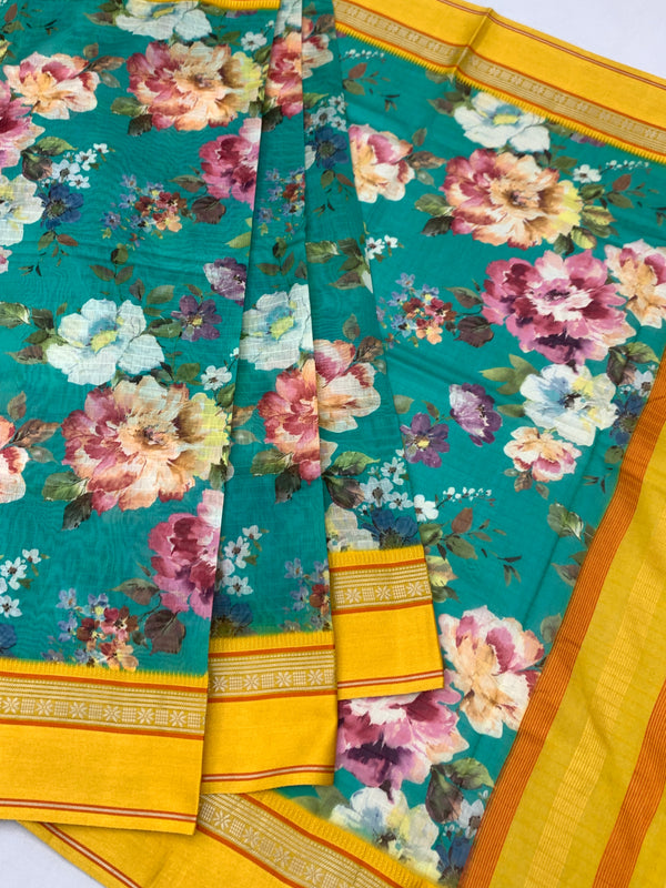 Teal Garden Floral Printed Cotton Saree with Sunshine Yellow Border
