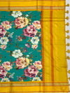 Teal Garden Floral Printed Cotton Saree with Sunshine Yellow Border