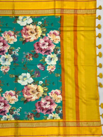 Teal Garden Floral Printed Cotton Saree with Sunshine Yellow Border