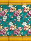 Teal Garden Floral Printed Cotton Saree with Sunshine Yellow Border