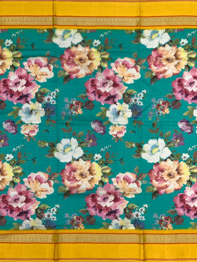 Teal Garden Floral Printed Cotton Saree with Sunshine Yellow Border