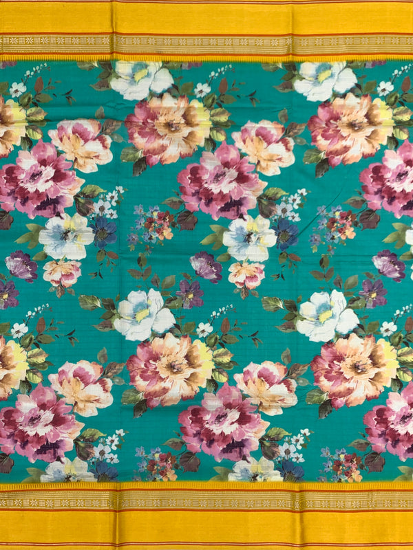 Teal Garden Floral Printed Cotton Saree with Sunshine Yellow Border