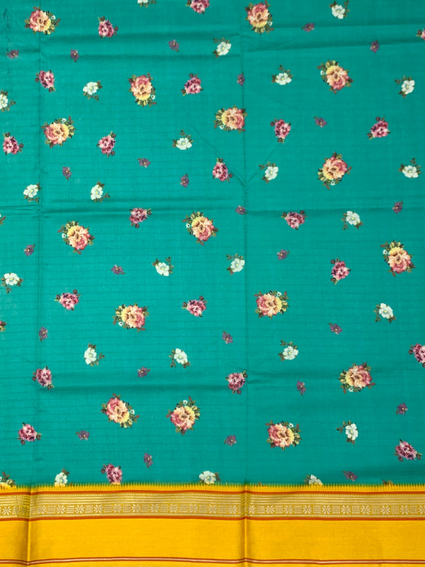 Teal Garden Floral Printed Cotton Saree with Sunshine Yellow Border