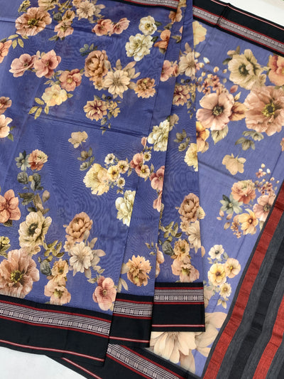 Blue & Black: Floral Cotton Saree