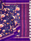 Indigo blue Floral Printed Cotton Saree with Bright Purple Border