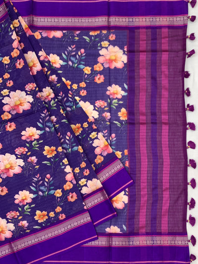 Indigo blue Floral Printed Cotton Saree with Bright Purple Border
