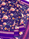 Indigo blue Floral Printed Cotton Saree with Bright Purple Border