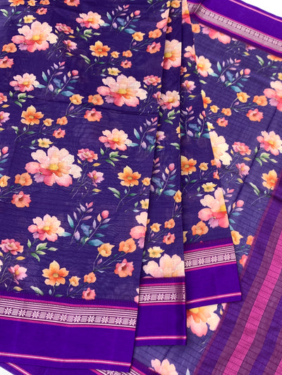 Indigo blue Floral Printed Cotton Saree with Bright Purple Border