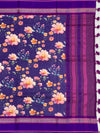 Indigo blue Floral Printed Cotton Saree with Bright Purple Border