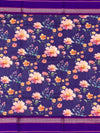 Indigo blue Floral Printed Cotton Saree with Bright Purple Border
