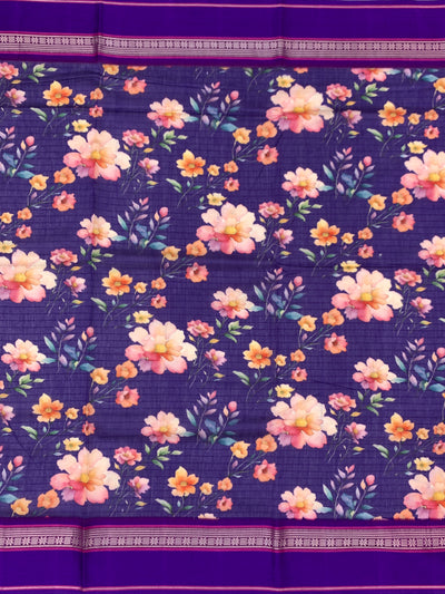 Indigo blue Floral Printed Cotton Saree with Bright Purple Border