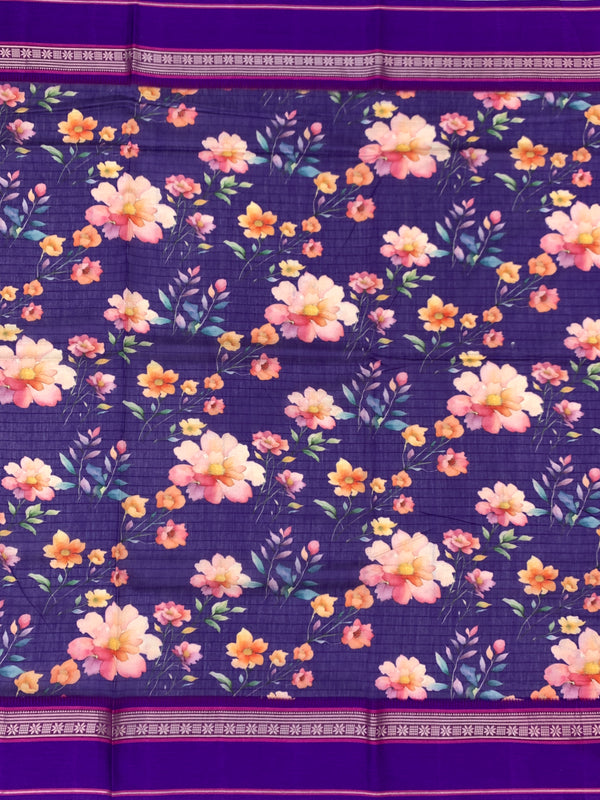 Indigo blue Floral Printed Cotton Saree with Bright Purple Border