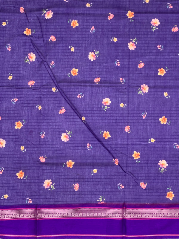 Indigo blue Floral Printed Cotton Saree with Bright Purple Border