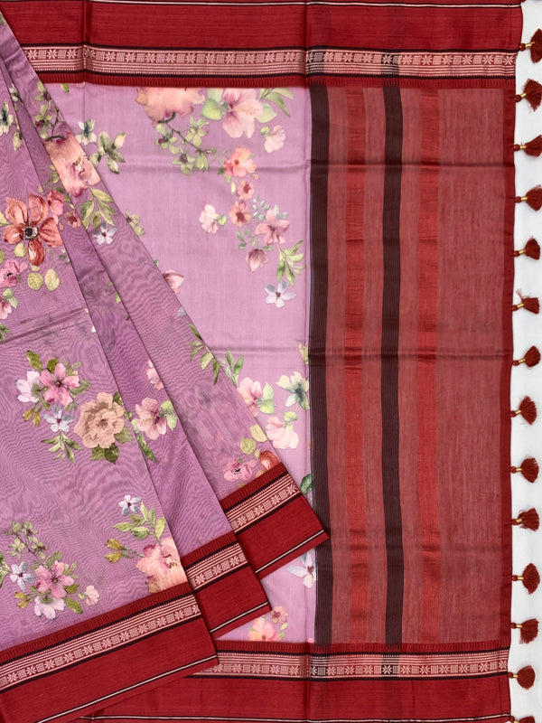 Enchanting Lavender Floral Printed Cotton Saree with Maroon Border