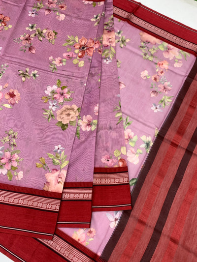 Enchanting Lavender Floral Printed Cotton Saree with Maroon Border