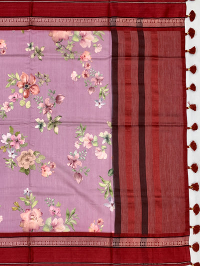 Enchanting Lavender Floral Printed Cotton Saree with Maroon Border