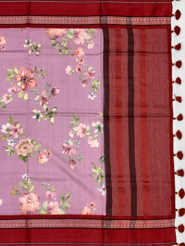 Enchanting Lavender Floral Printed Cotton Saree with Maroon Border