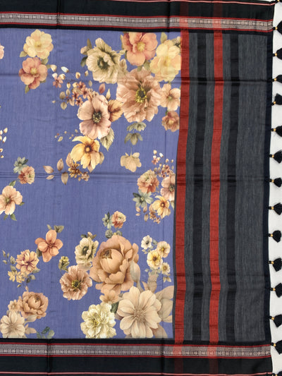 Blue & Black: Floral Cotton Saree