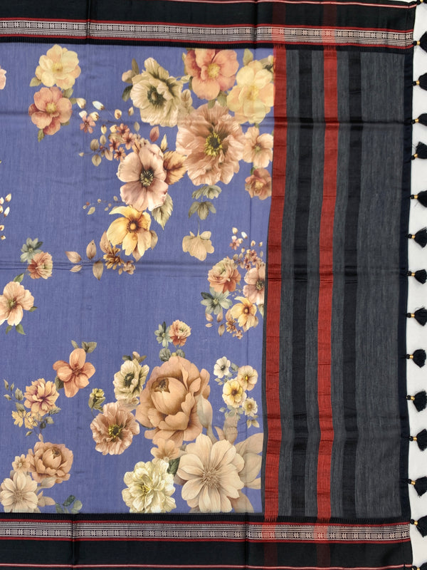 Blue & Black: Floral Cotton Saree