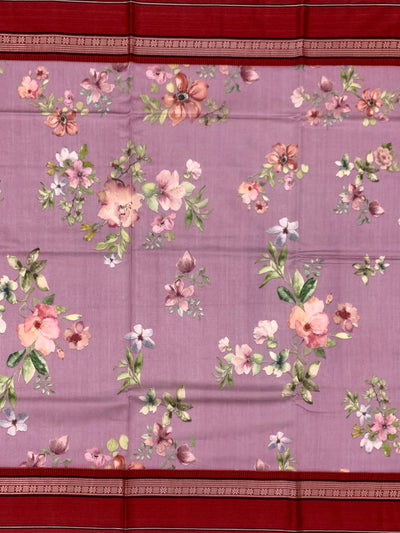 Enchanting Lavender Floral Printed Cotton Saree with Maroon Border