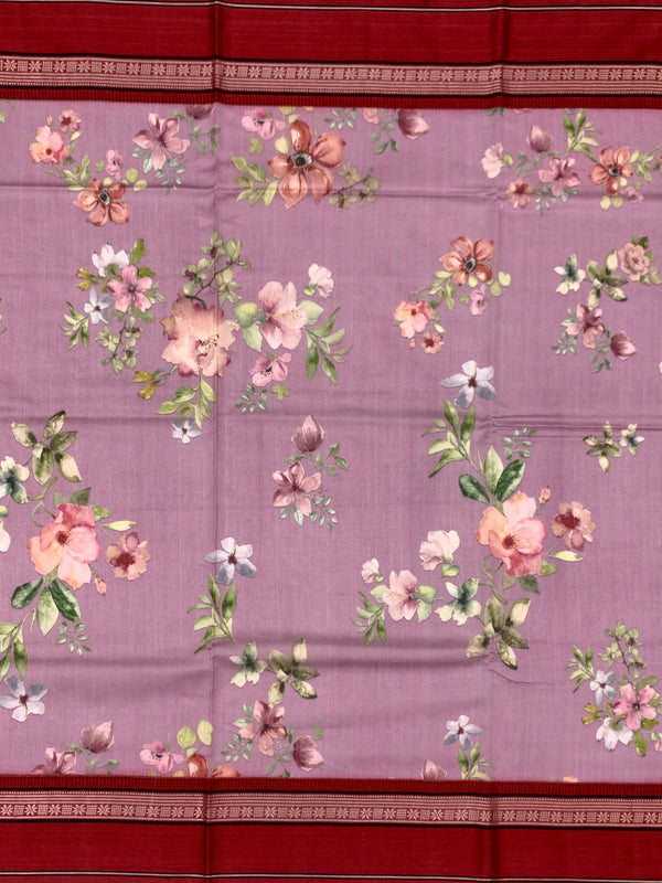 Enchanting Lavender Floral Printed Cotton Saree with Maroon Border