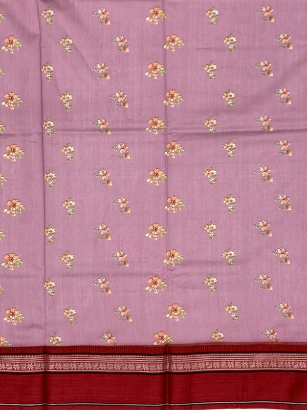 Enchanting Lavender Floral Printed Cotton Saree with Maroon Border